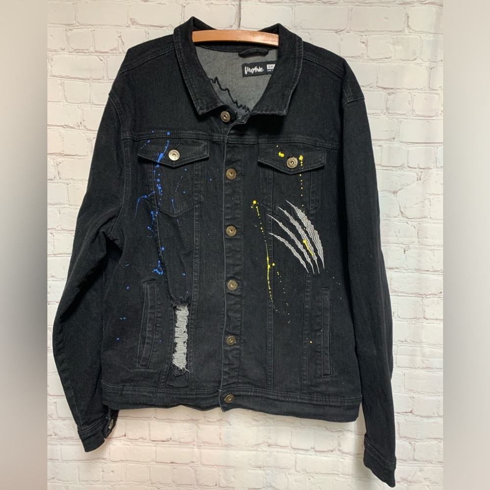 RARE Motive Denim 3D Tiger Black Distressed Jean Jacket Size 2X 50” - Picture 3 of 8